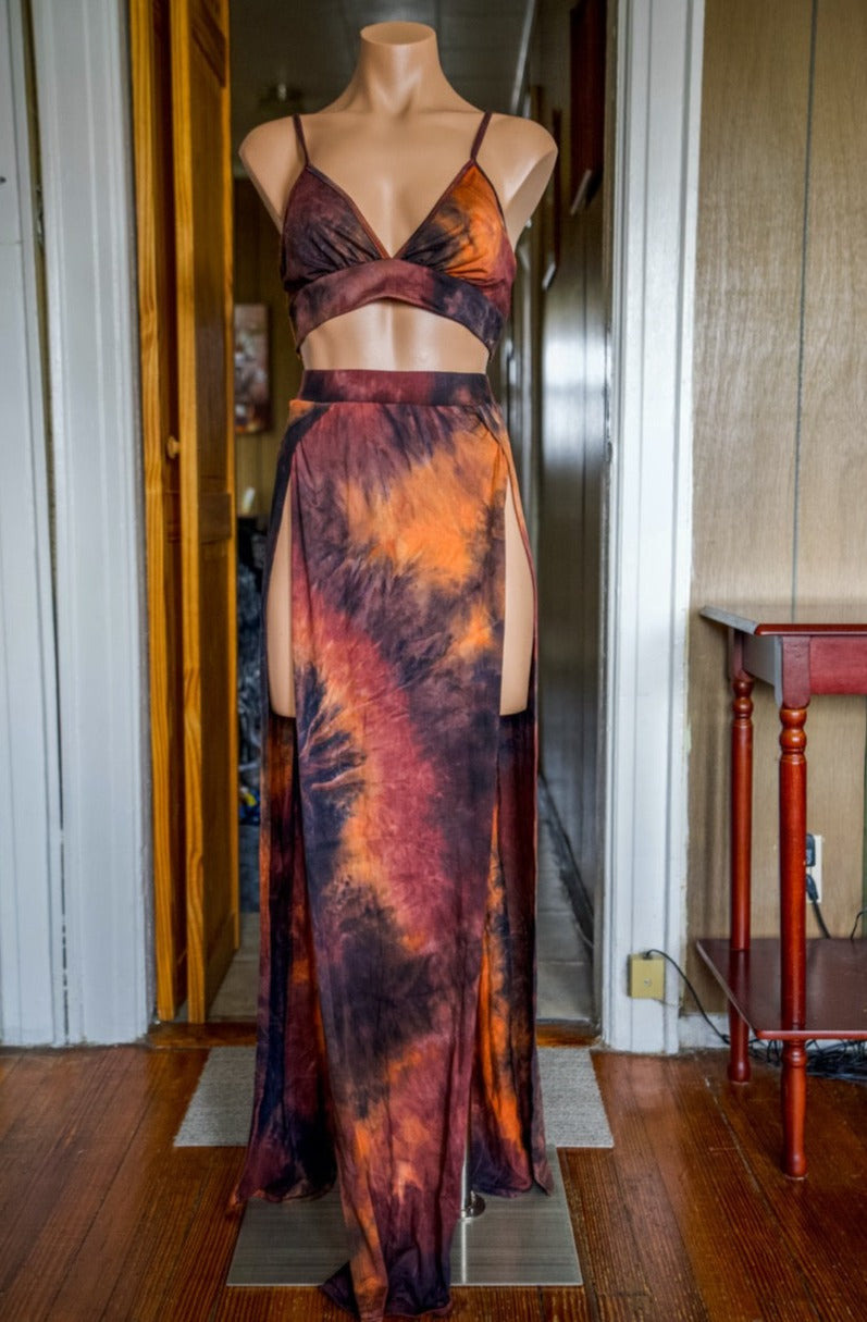 Post Apocalyptic Grungy Tie Dye Top and Split Skirt Set