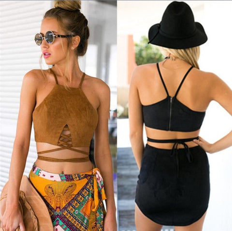 Halter Neck Crop Top Spaghetti Strap Camisole Bustier Vest Blouse - HottestTrendsPrint