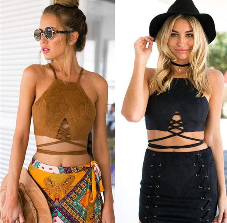 Halter Neck Crop Top Spaghetti Strap Camisole Bustier Vest Blouse - HottestTrendsPrint