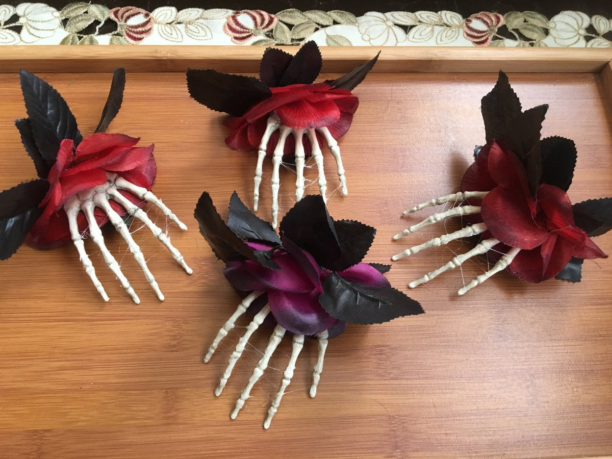 Macabre Skeleton Hand Bone Rose Hair Clip