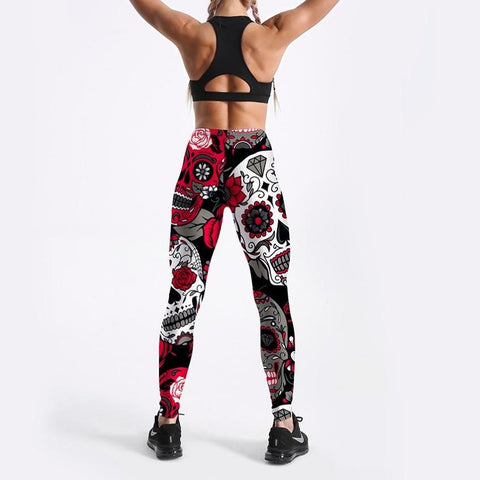 Women's Skull & Flower Black Leggings Great for Halloween and MardiGras. Fitness in style