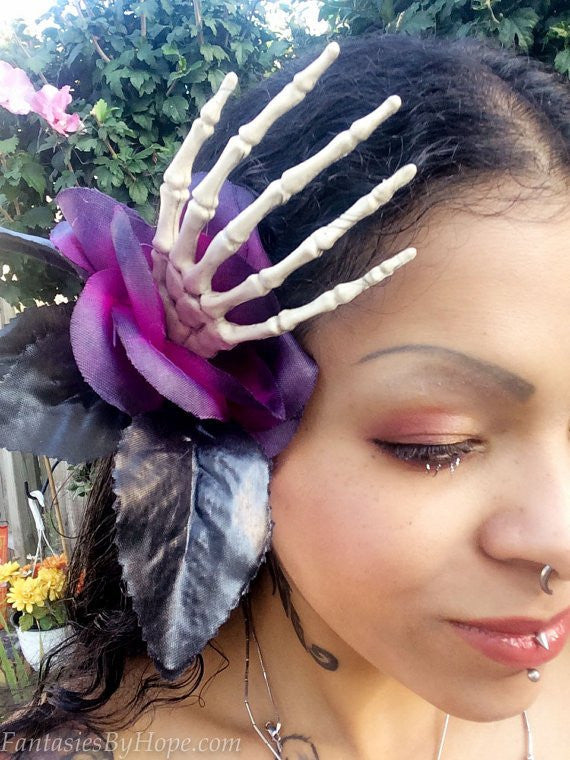 Macabre Skeleton Hand Bone Rose Hair Clip - HottestTrendsPrint