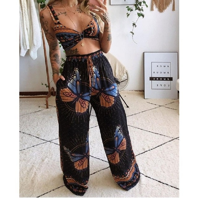 Women 2Pcs Boho Set Outfits Summer Bohemian Butterfly Printed Crop Tops Elastic Waist Pants Wide Leg Palazzo Jumpsuit
