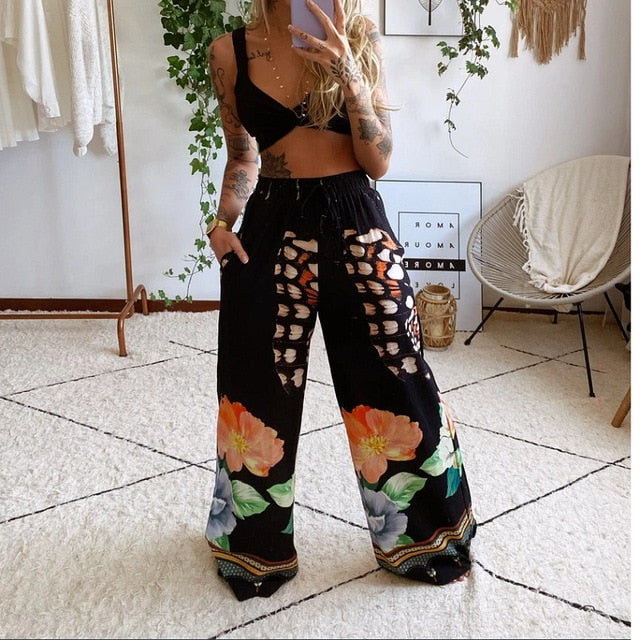 Women 2Pcs Boho Set Outfits Summer Bohemian Butterfly Printed Crop Tops Elastic Waist Pants Wide Leg Palazzo Jumpsuit