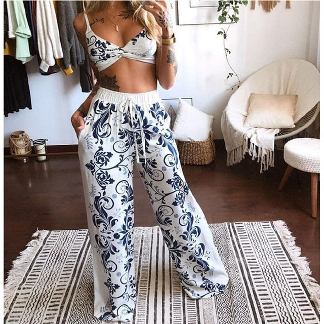 Women 2Pcs Boho Set Outfits Summer Bohemian Butterfly Printed Crop Tops Elastic Waist Pants Wide Leg Palazzo Jumpsuit