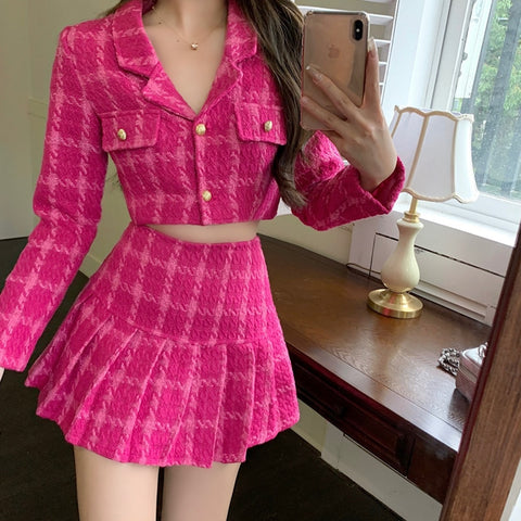 Pink Vintage Two Piece Woolen Short Jacket Coat + Mini Skirt