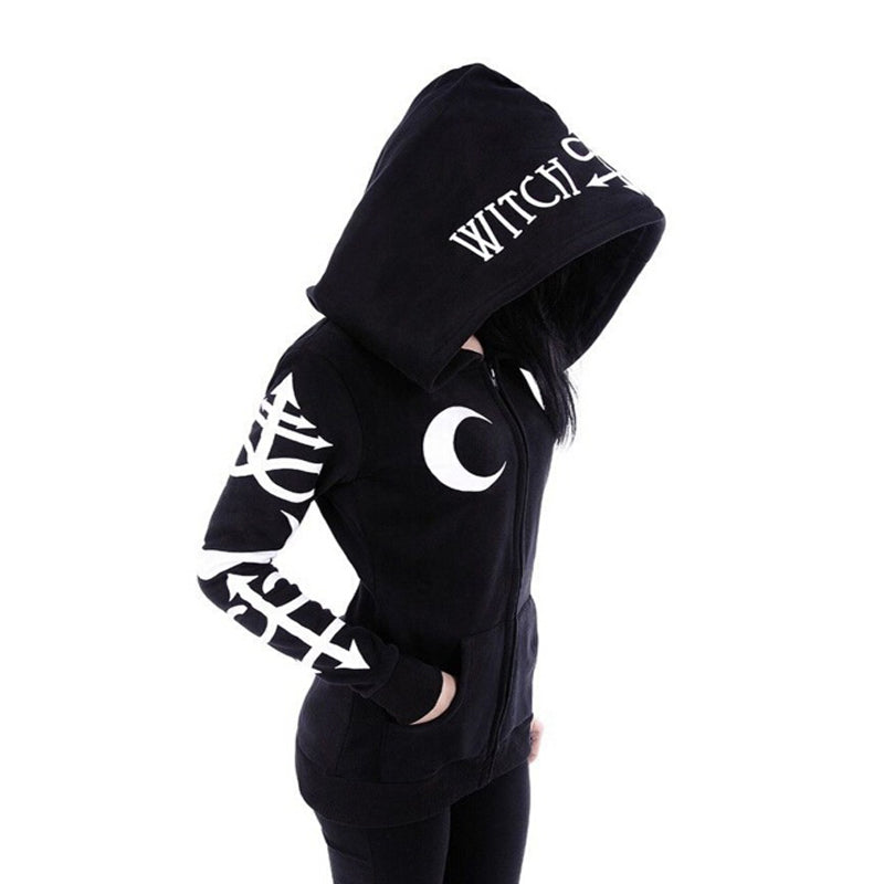 Moon Witch Hoodie - Gothic Punk Print Loose Hood Long Sleeve Casual Thin Sweatshirt Black