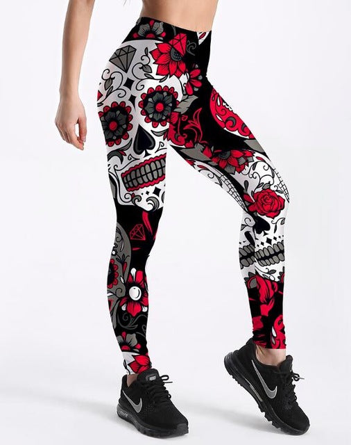 Women's Skull & Flower Black Leggings - Halloween and MardiGras