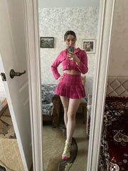 Pink Vintage Two Piece Woolen Short Jacket Coat + Mini Skirt
