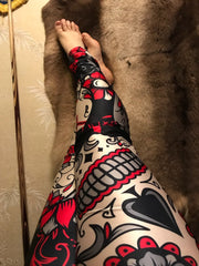 Women's Skull & Flower Black Leggings Great for Halloween and MardiGras. Fitness in style