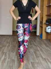 Women's Skull & Flower Black Leggings Great for Halloween and MardiGras. Fitness in style