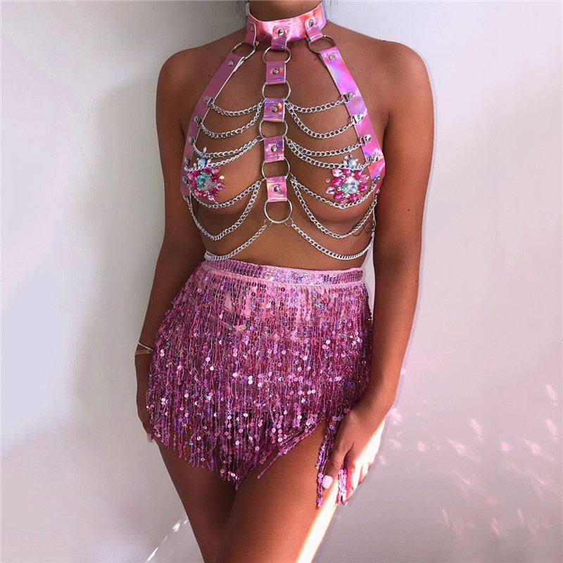 Eye-catching Pink Two Piece Chain Bra with Sequins Tassel Mini Skirt - Festival Outfits