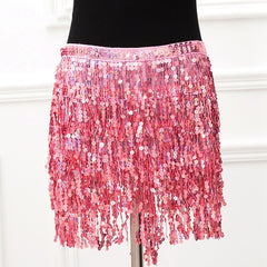 Eye-catching Pink Two Piece Chain Bra with Sequins Tassel Mini Skirt - Festival Outfits