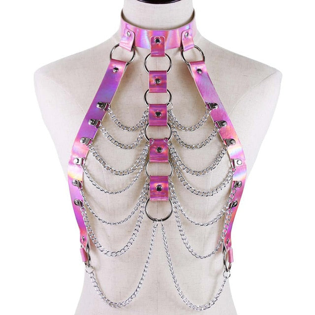 Eye-catching Pink Two Piece Chain Bra with Sequins Tassel Mini Skirt - Festival Outfits