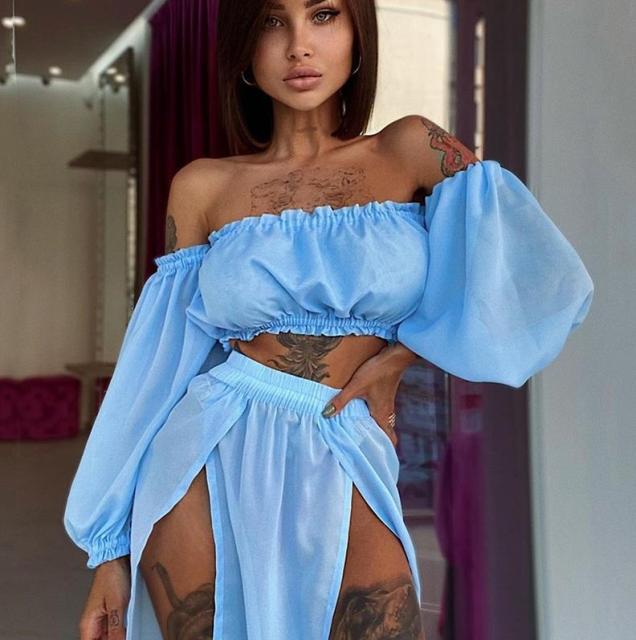 New Off Shoulder Crop Top with Cover Up Skirt - Beach Vibes Set