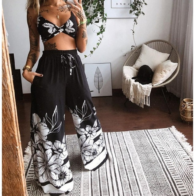 Women 2Pcs Boho Set Outfits Summer Bohemian Butterfly Printed Crop Tops Elastic Waist Pants Wide Leg Palazzo Jumpsuit