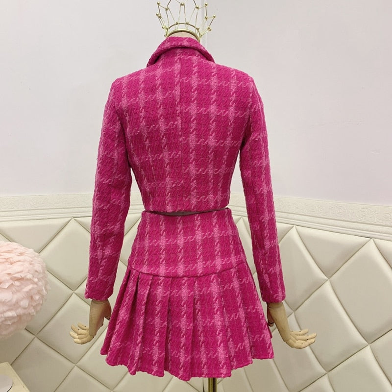 Pink Vintage Two Piece Woolen Short Jacket Coat + Mini Skirt