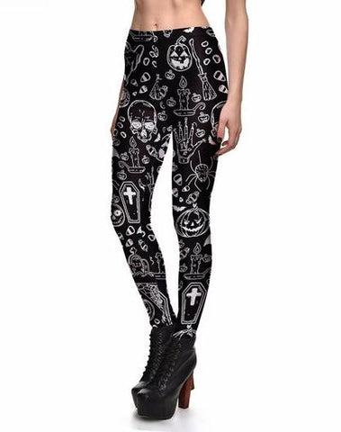 Women's Skull & Flower Black Leggings - Halloween and MardiGras