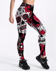 Women's Skull & Flower Black Leggings Great for Halloween and MardiGras. Fitness in style